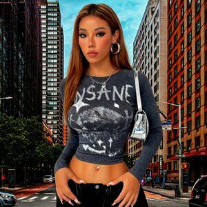 🖤 Edgy "Insane" Skull Print Long Sleeve Top, Size Large , Brand New🖤